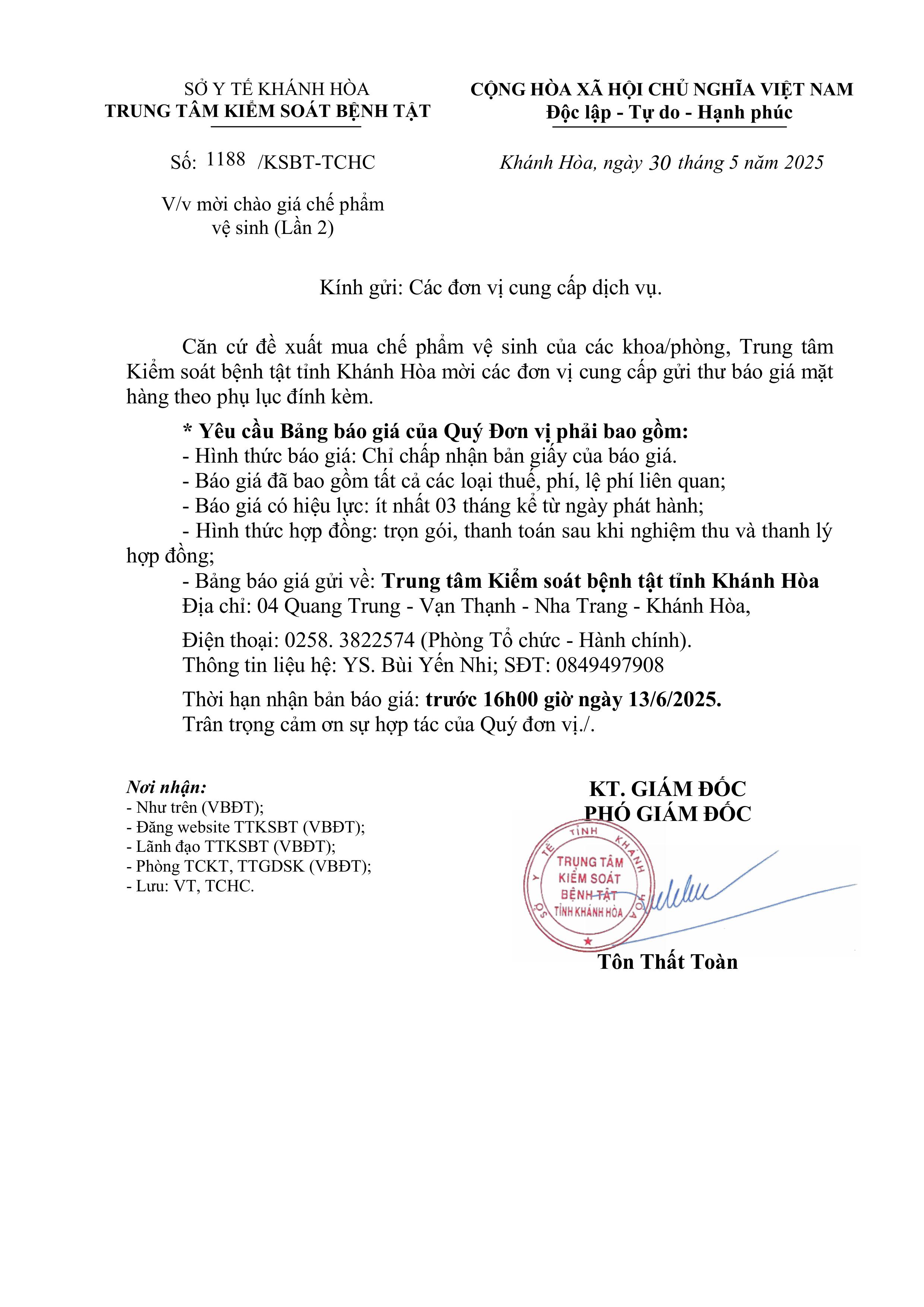 V/v mời chào giá chế phẩm vệ sinh (Lần 2)